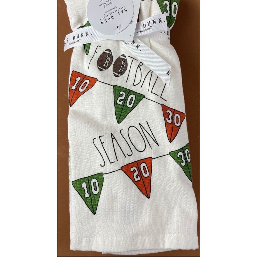 Rae Dunn Football Season Kitchen Towels Set of 3 Green Orange White 16x26 NEW